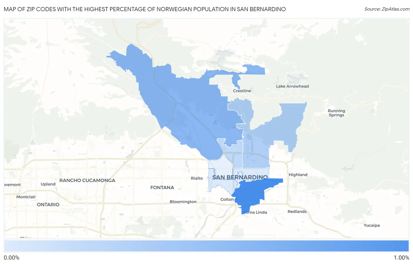 Zip Codes with the Highest Percentage of Norwegian Population in San Bernardino Map