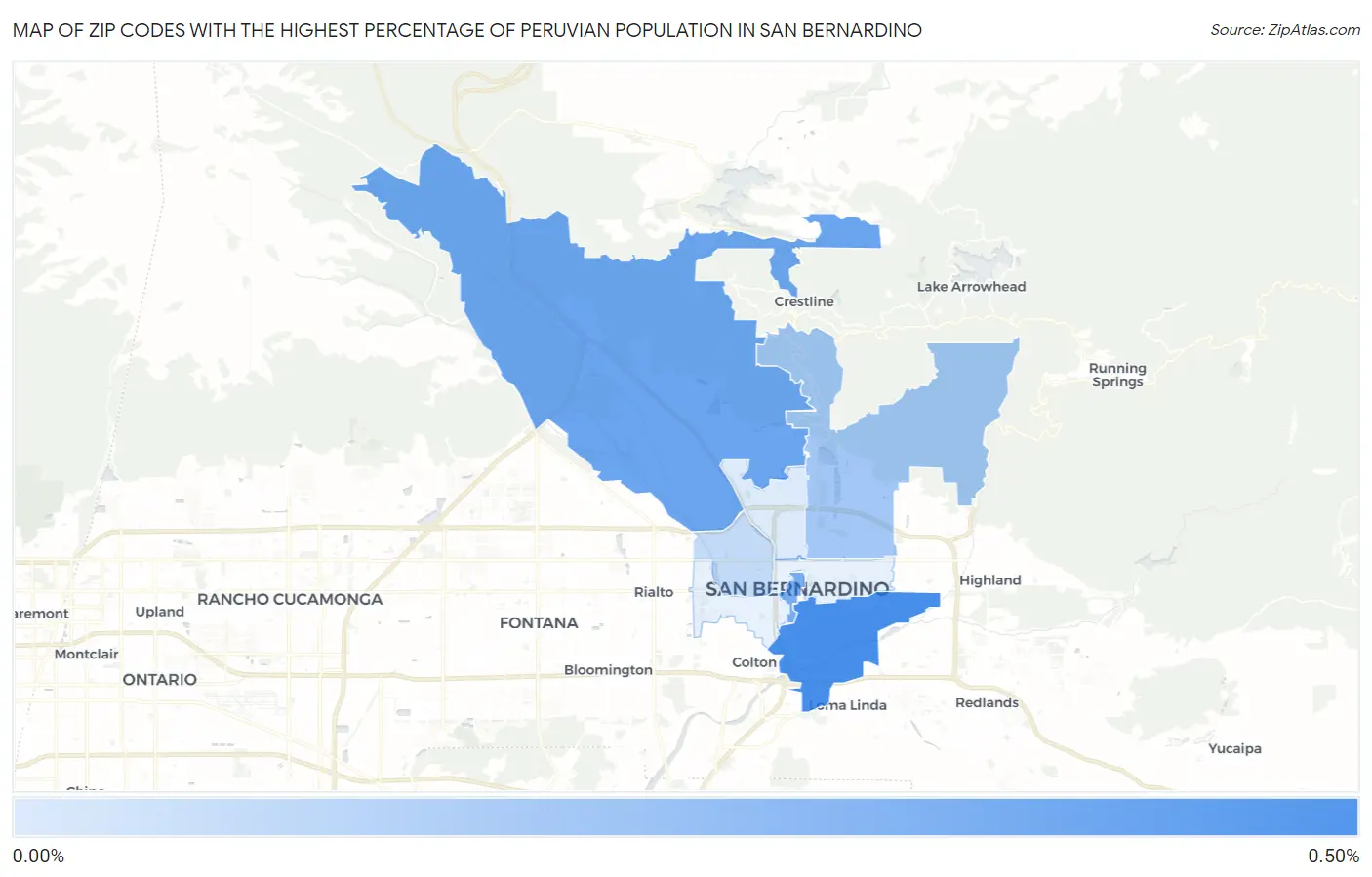 Zip Codes with the Highest Percentage of Peruvian Population in San Bernardino Map
