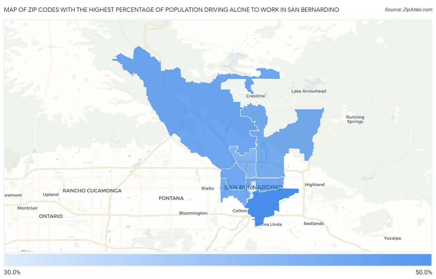 Zip Codes with the Highest Percentage of Population Driving Alone to Work in San Bernardino Map