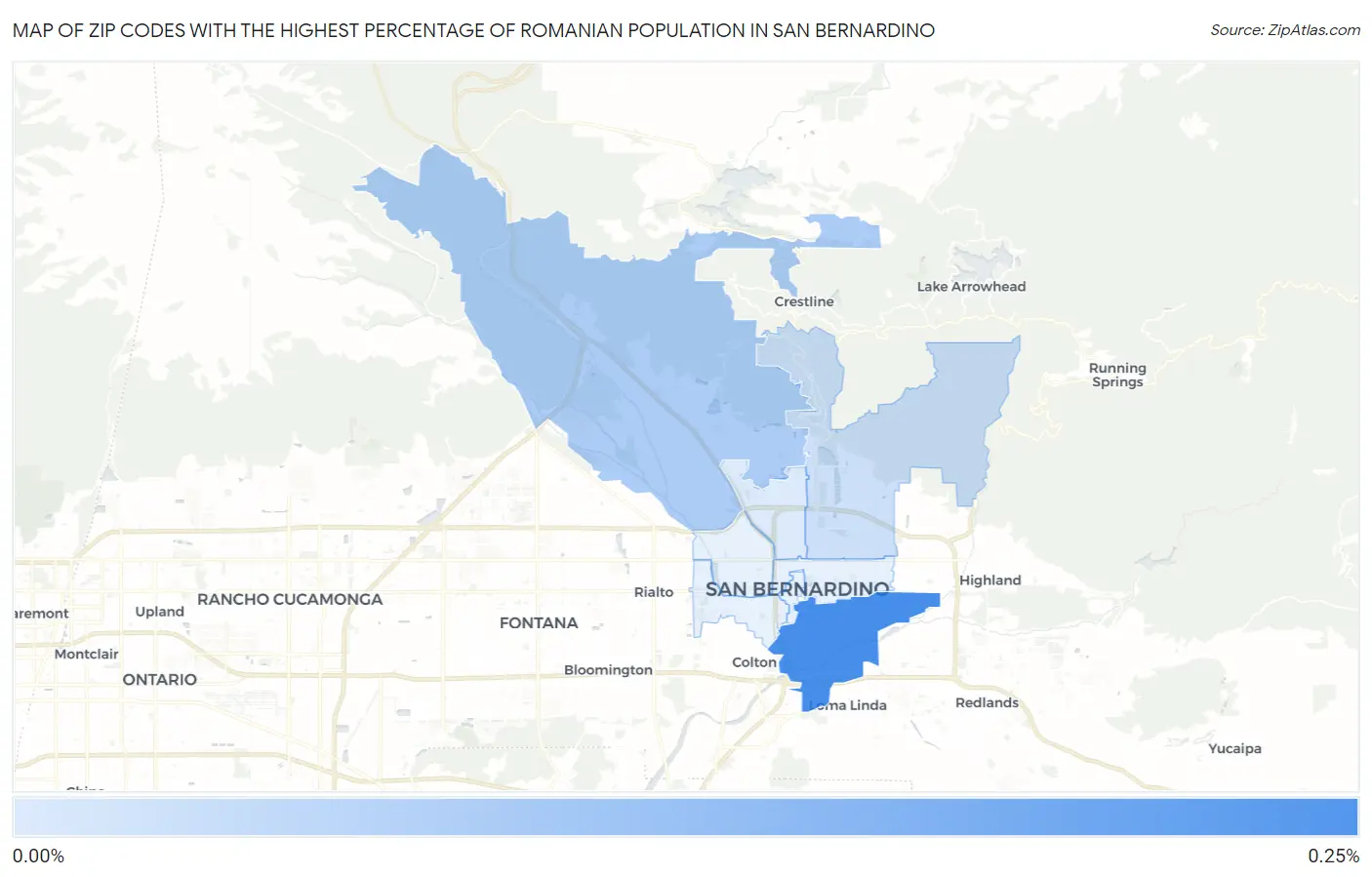 Zip Codes with the Highest Percentage of Romanian Population in San Bernardino Map