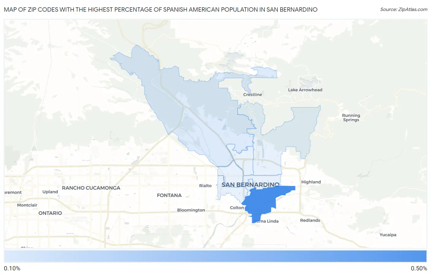 Zip Codes with the Highest Percentage of Spanish American Population in San Bernardino Map