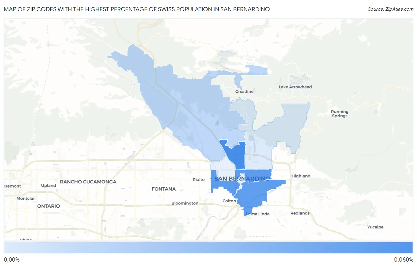 Zip Codes with the Highest Percentage of Swiss Population in San Bernardino Map