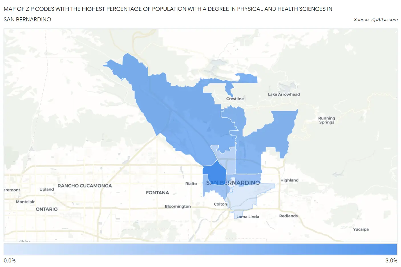 Zip Codes with the Highest Percentage of Population with a Degree in Physical and Health Sciences in San Bernardino Map