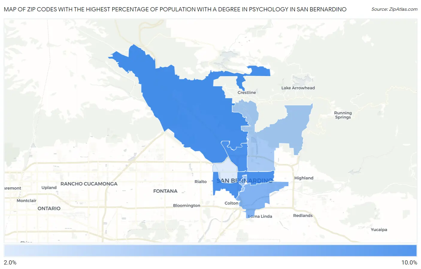 Zip Codes with the Highest Percentage of Population with a Degree in Psychology in San Bernardino Map