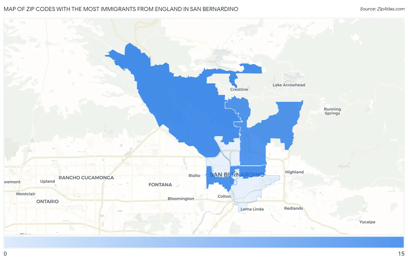 Zip Codes with the Most Immigrants from England in San Bernardino Map