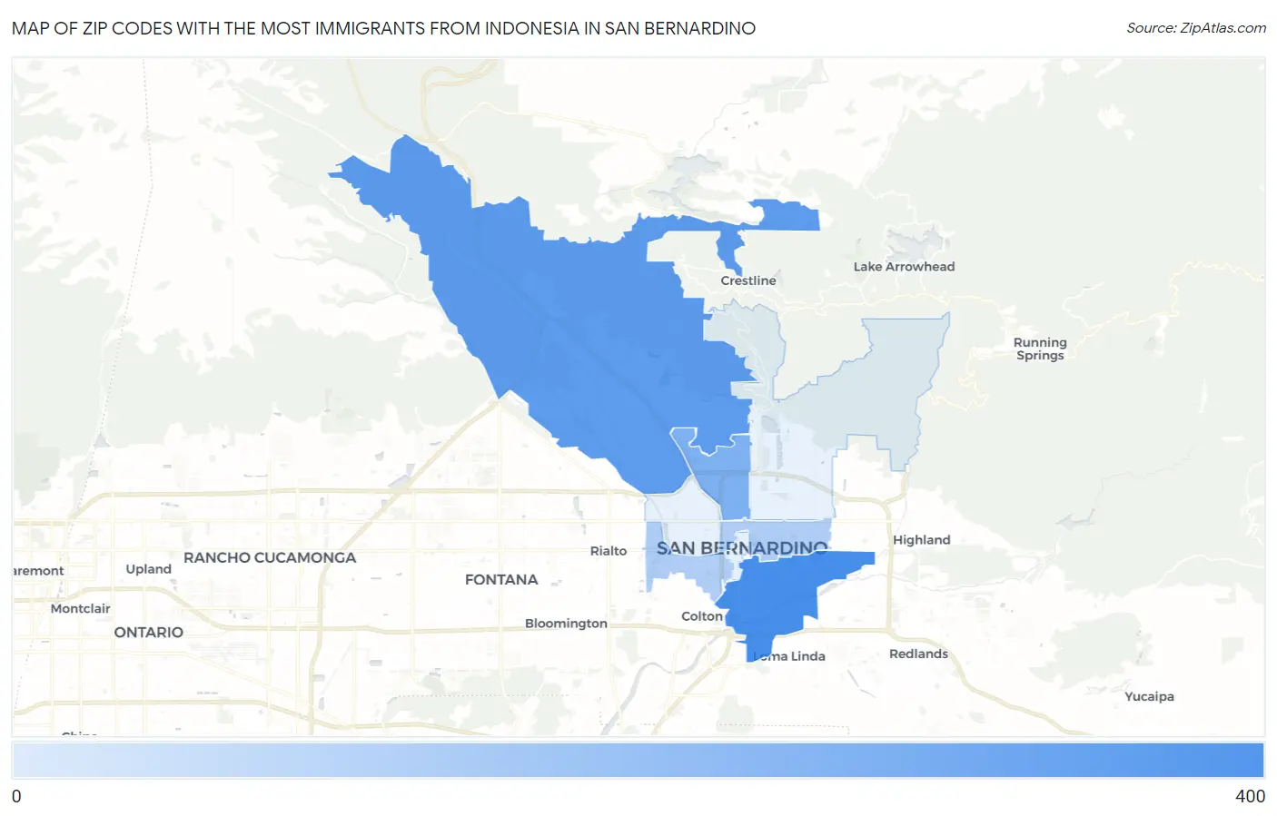 Zip Codes with the Most Immigrants from Indonesia in San Bernardino Map
