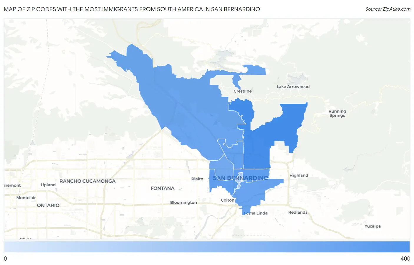 Zip Codes with the Most Immigrants from South America in San Bernardino Map