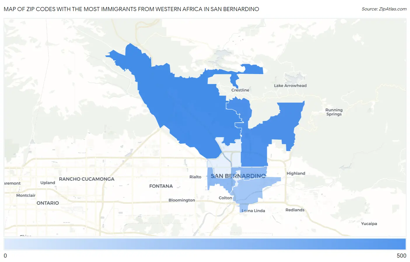 Zip Codes with the Most Immigrants from Western Africa in San Bernardino Map