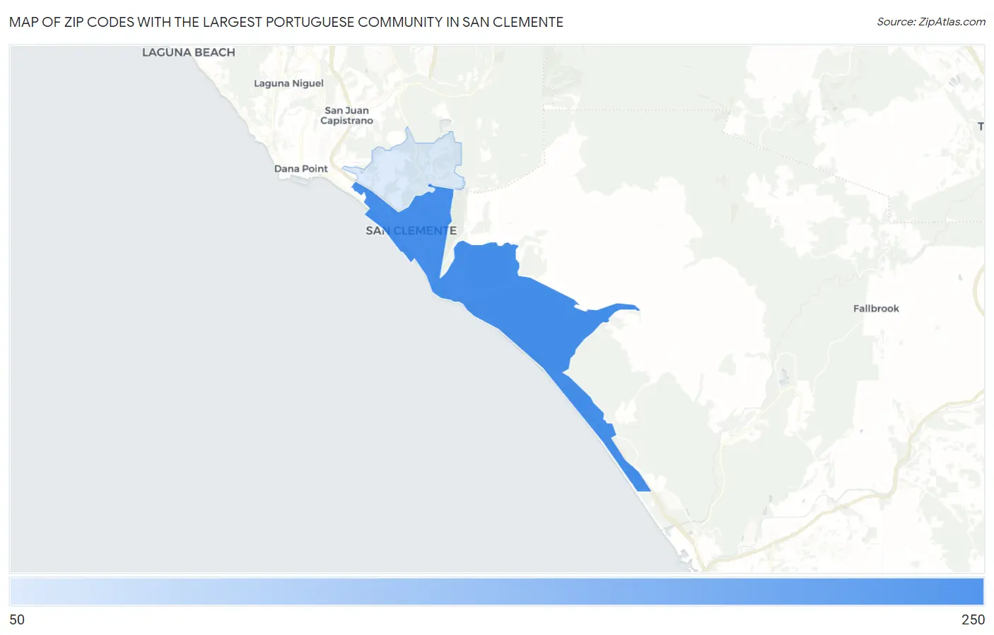 Zip Codes with the Largest Portuguese Community in San Clemente Map