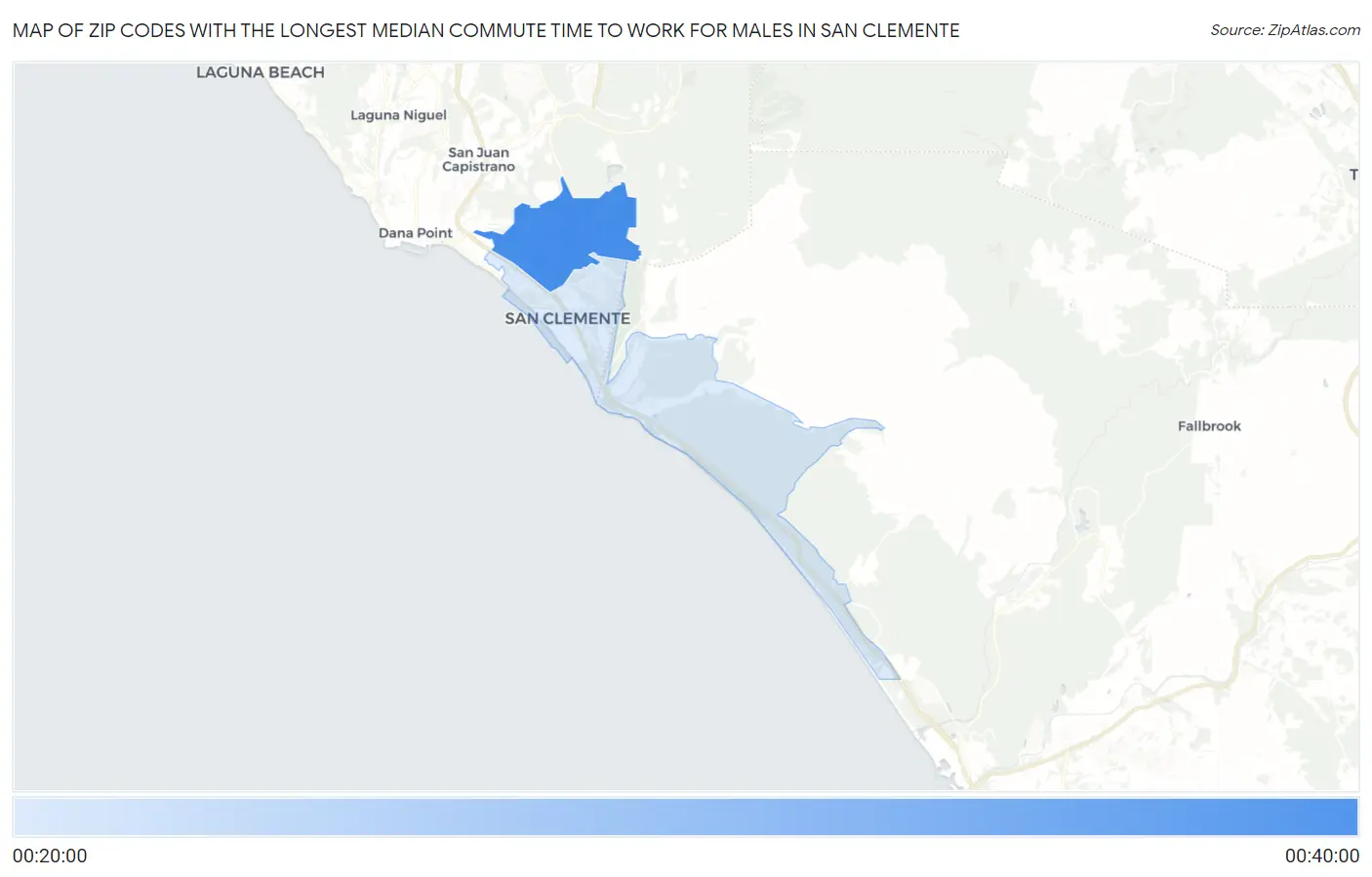 Zip Codes with the Longest Median Commute Time to Work for Males in San Clemente Map