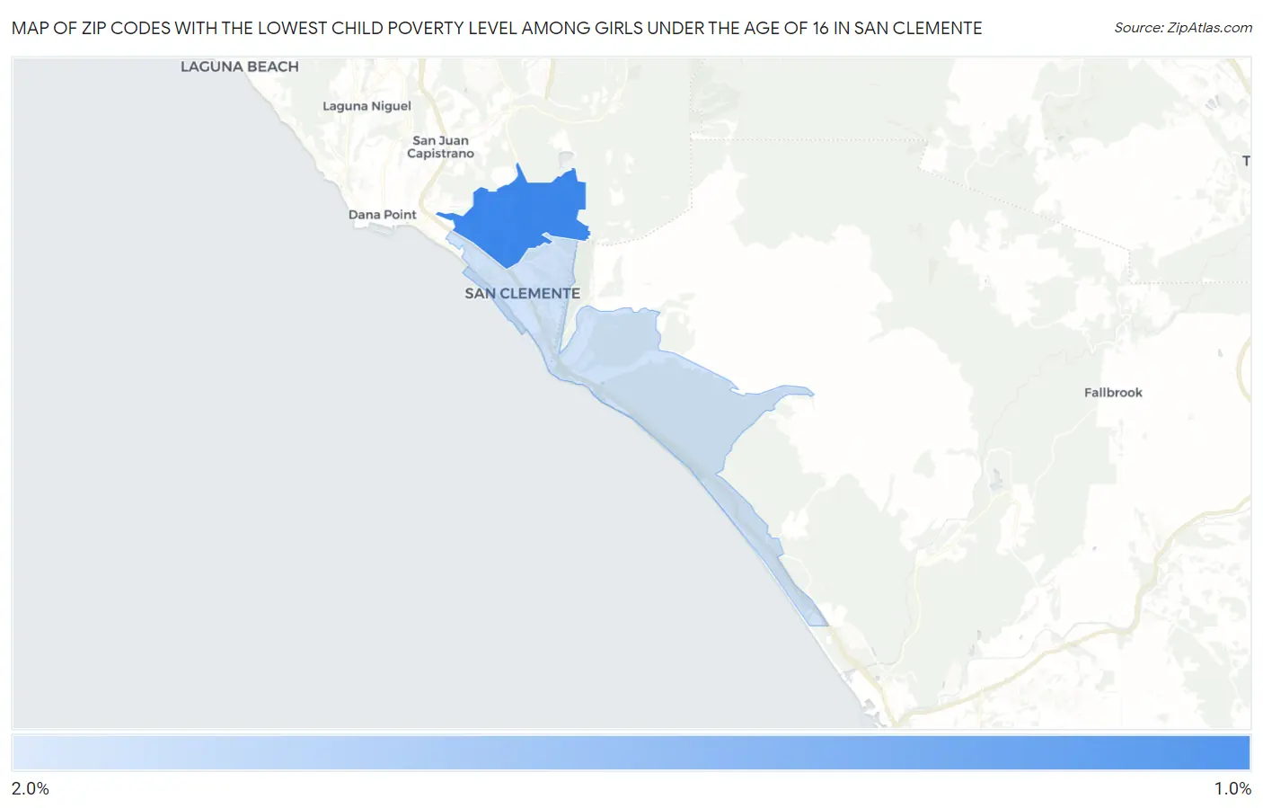 Zip Codes with the Lowest Child Poverty Level Among Girls Under the Age of 16 in San Clemente Map