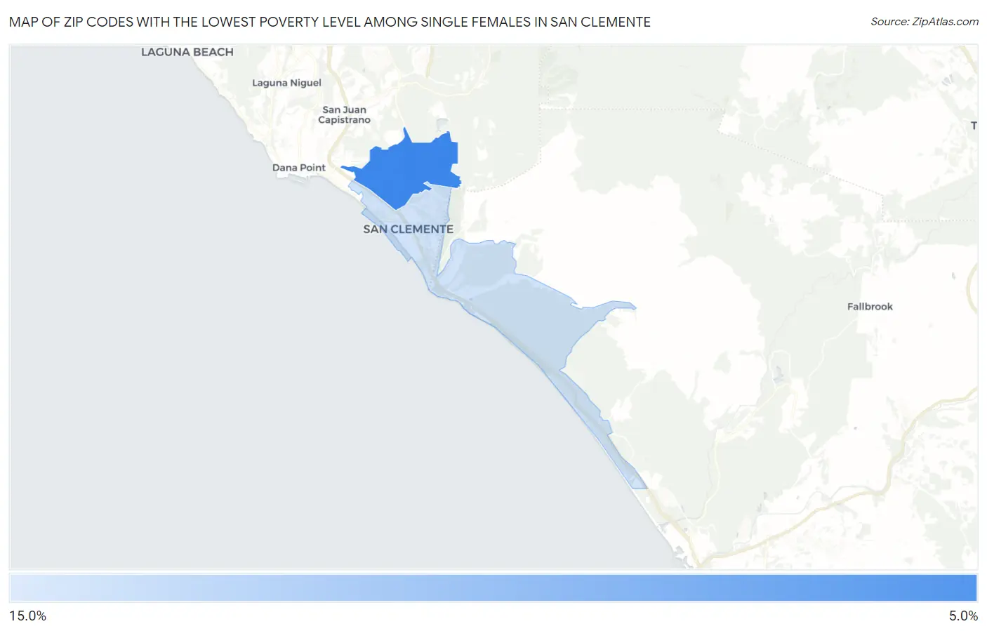 Zip Codes with the Lowest Poverty Level Among Single Females in San Clemente Map