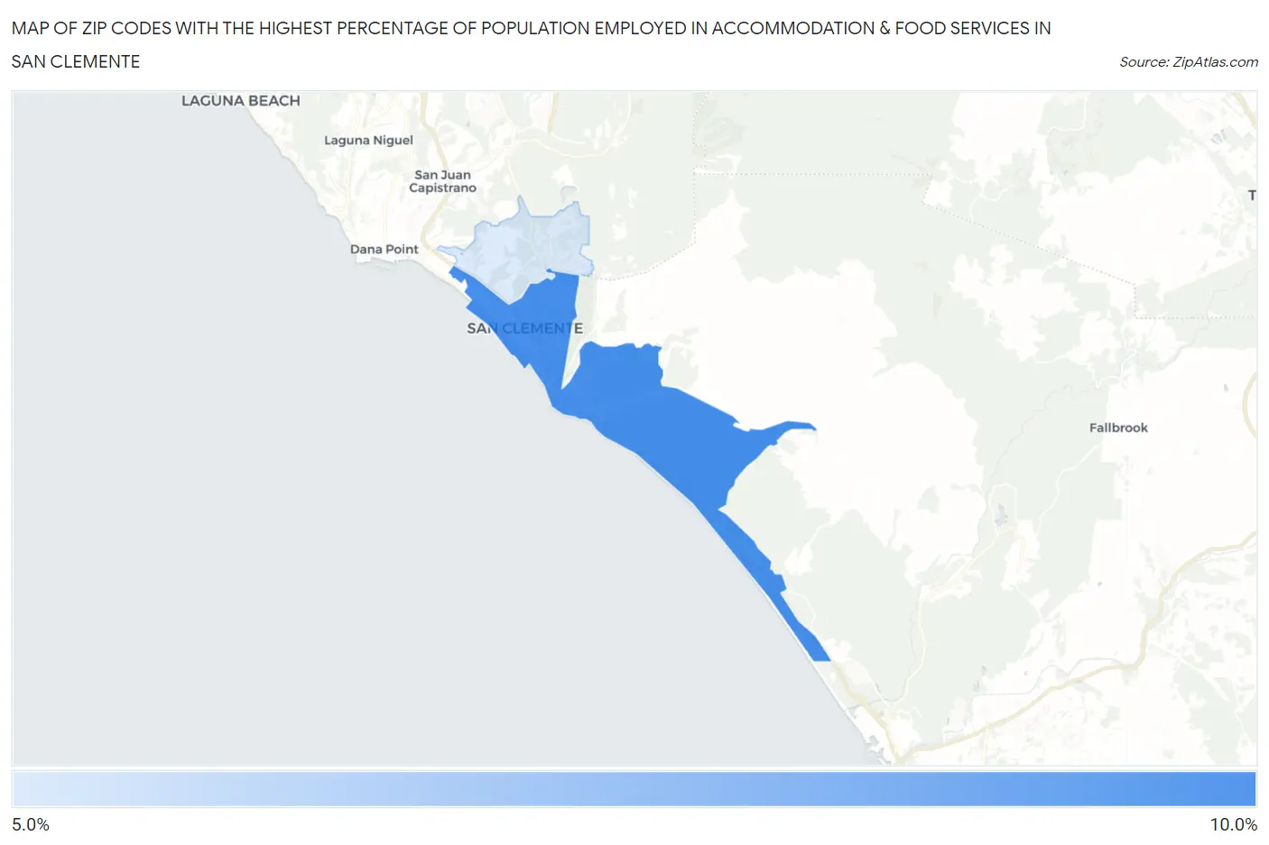 Zip Codes with the Highest Percentage of Population Employed in Accommodation & Food Services in San Clemente Map