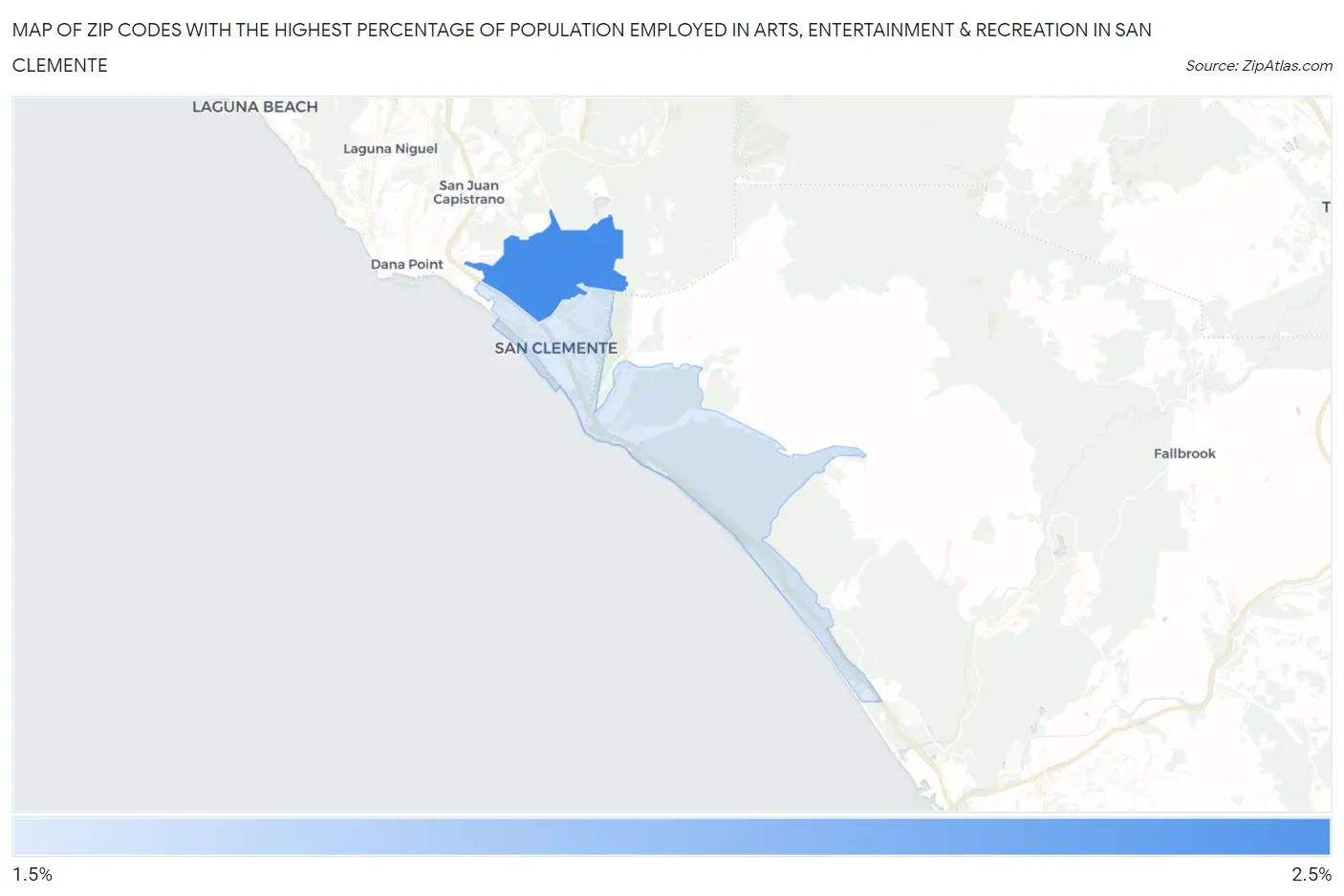 Zip Codes with the Highest Percentage of Population Employed in Arts, Entertainment & Recreation in San Clemente Map