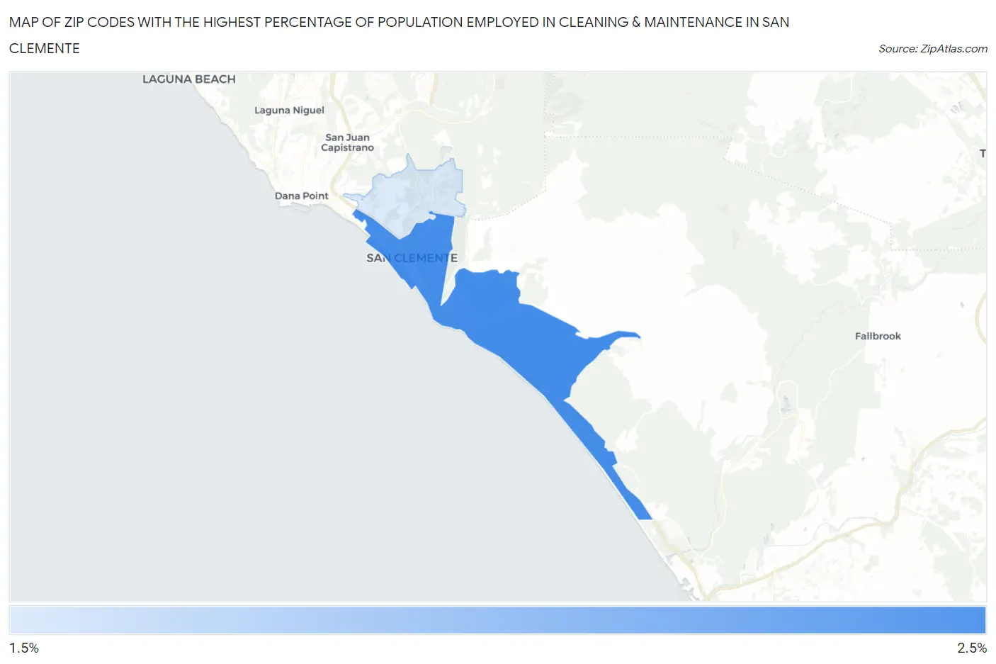 Zip Codes with the Highest Percentage of Population Employed in Cleaning & Maintenance in San Clemente Map