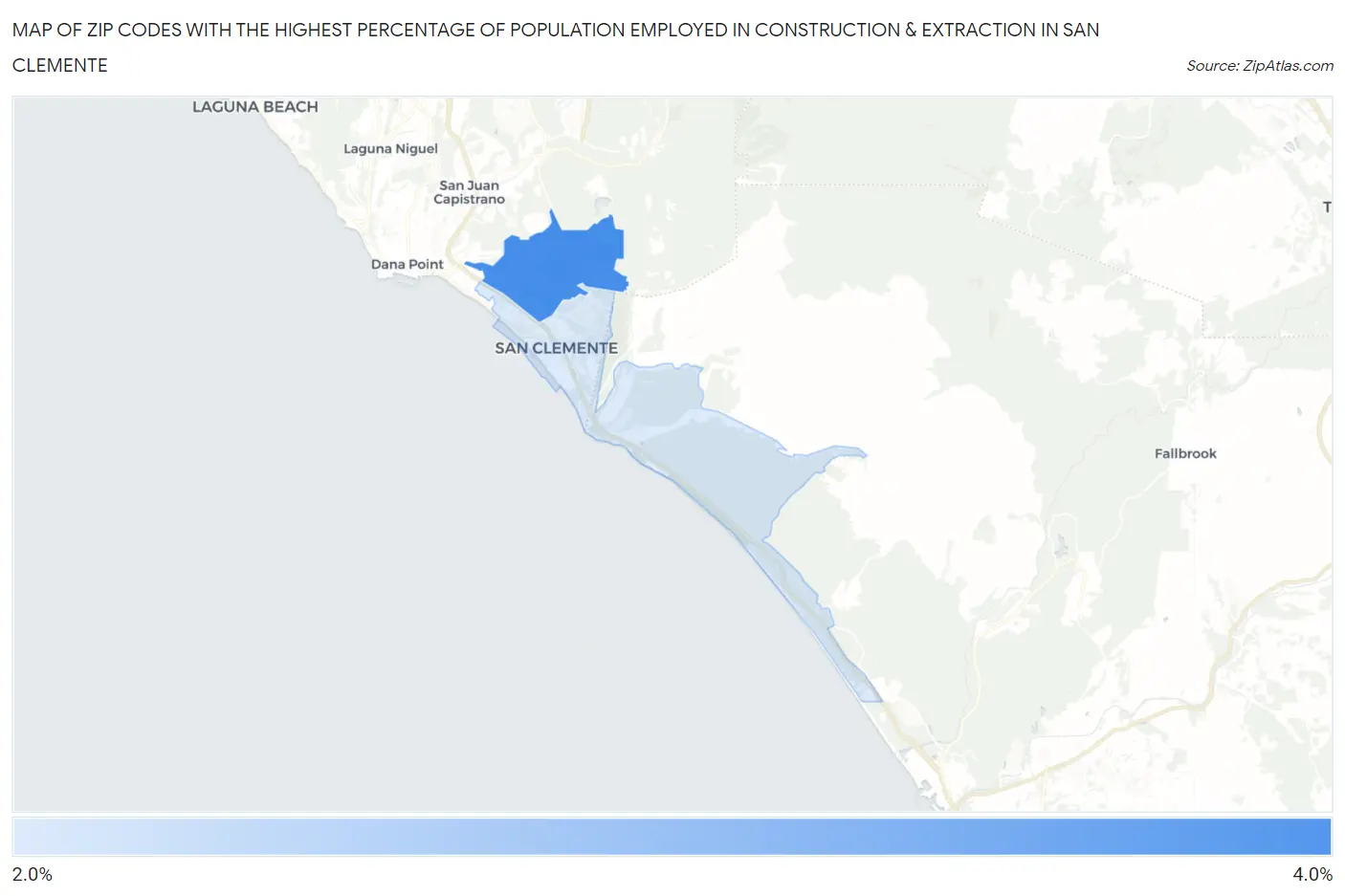 Zip Codes with the Highest Percentage of Population Employed in Construction & Extraction in San Clemente Map