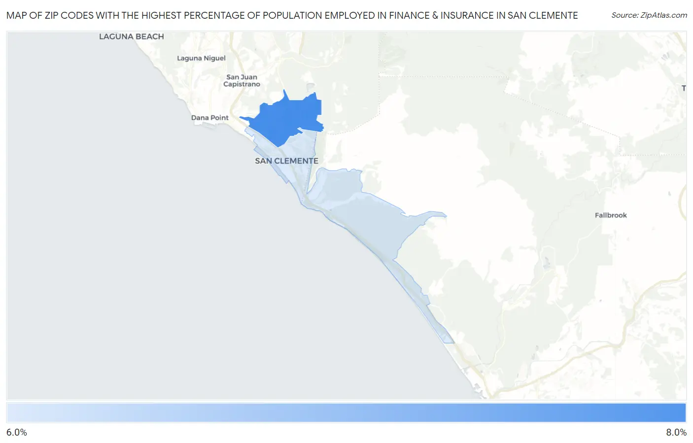 Zip Codes with the Highest Percentage of Population Employed in Finance & Insurance in San Clemente Map