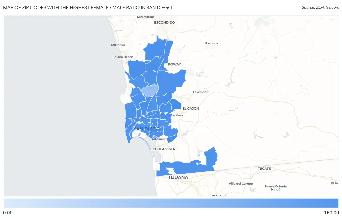 Zip Codes with the Highest Female / Male Ratio in San Diego Map
