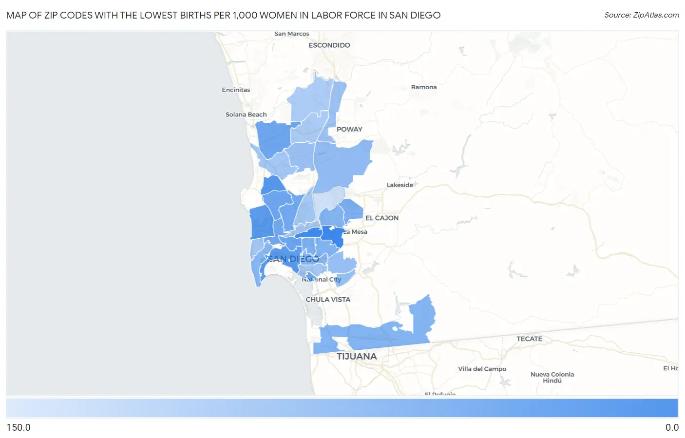 Zip Codes with the Lowest Births per 1,000 Women in Labor Force in San Diego Map