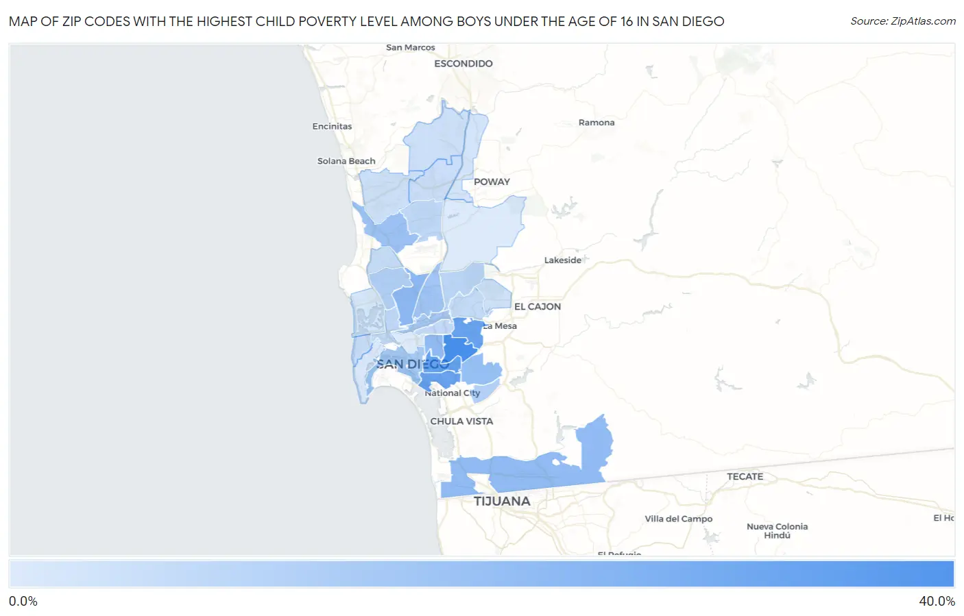Zip Codes with the Highest Child Poverty Level Among Boys Under the Age of 16 in San Diego Map