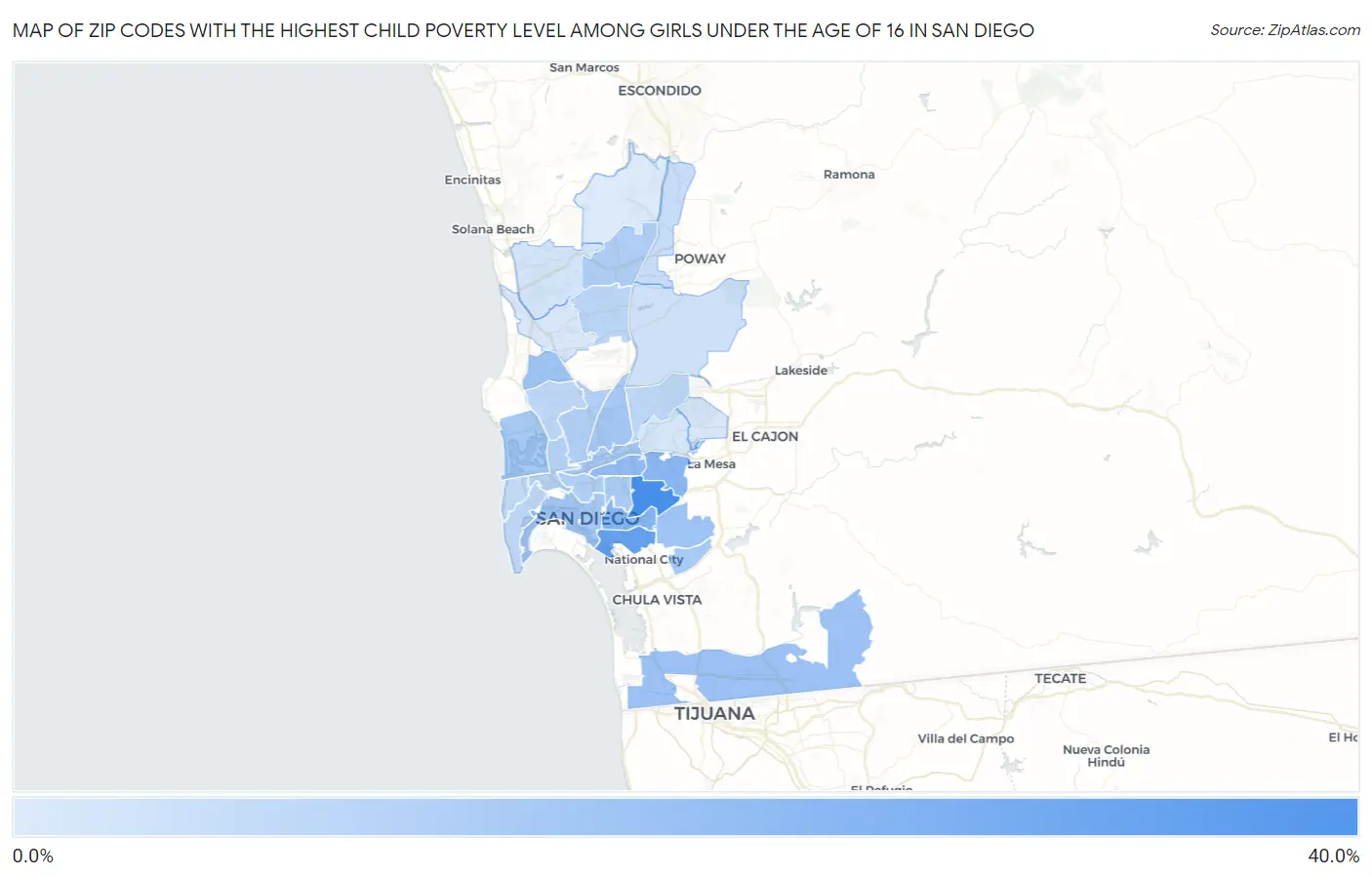 Zip Codes with the Highest Child Poverty Level Among Girls Under the Age of 16 in San Diego Map