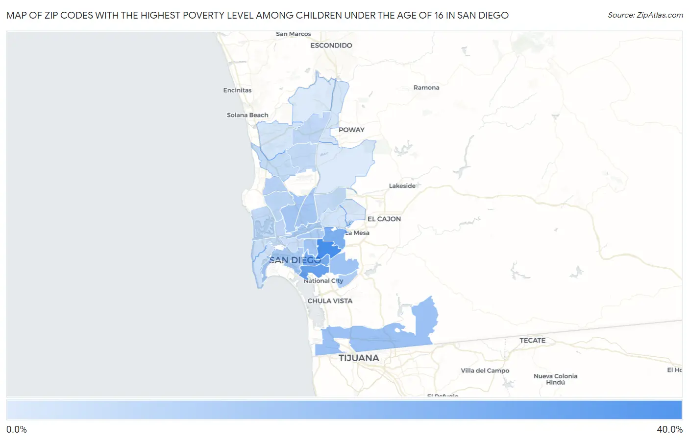 Zip Codes with the Highest Poverty Level Among Children Under the Age of 16 in San Diego Map