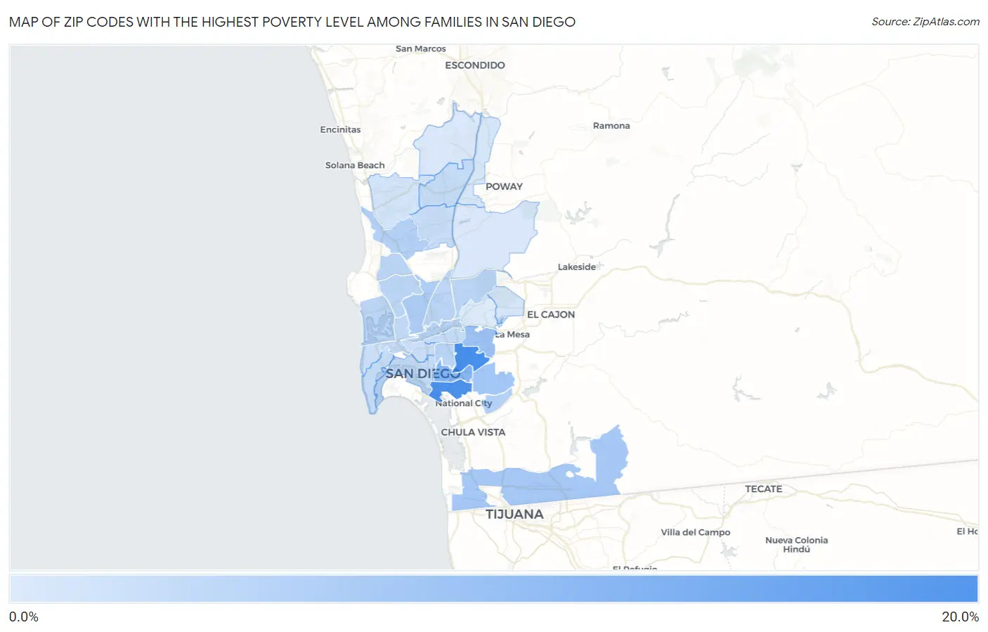 Zip Codes with the Highest Poverty Level Among Families in San Diego Map