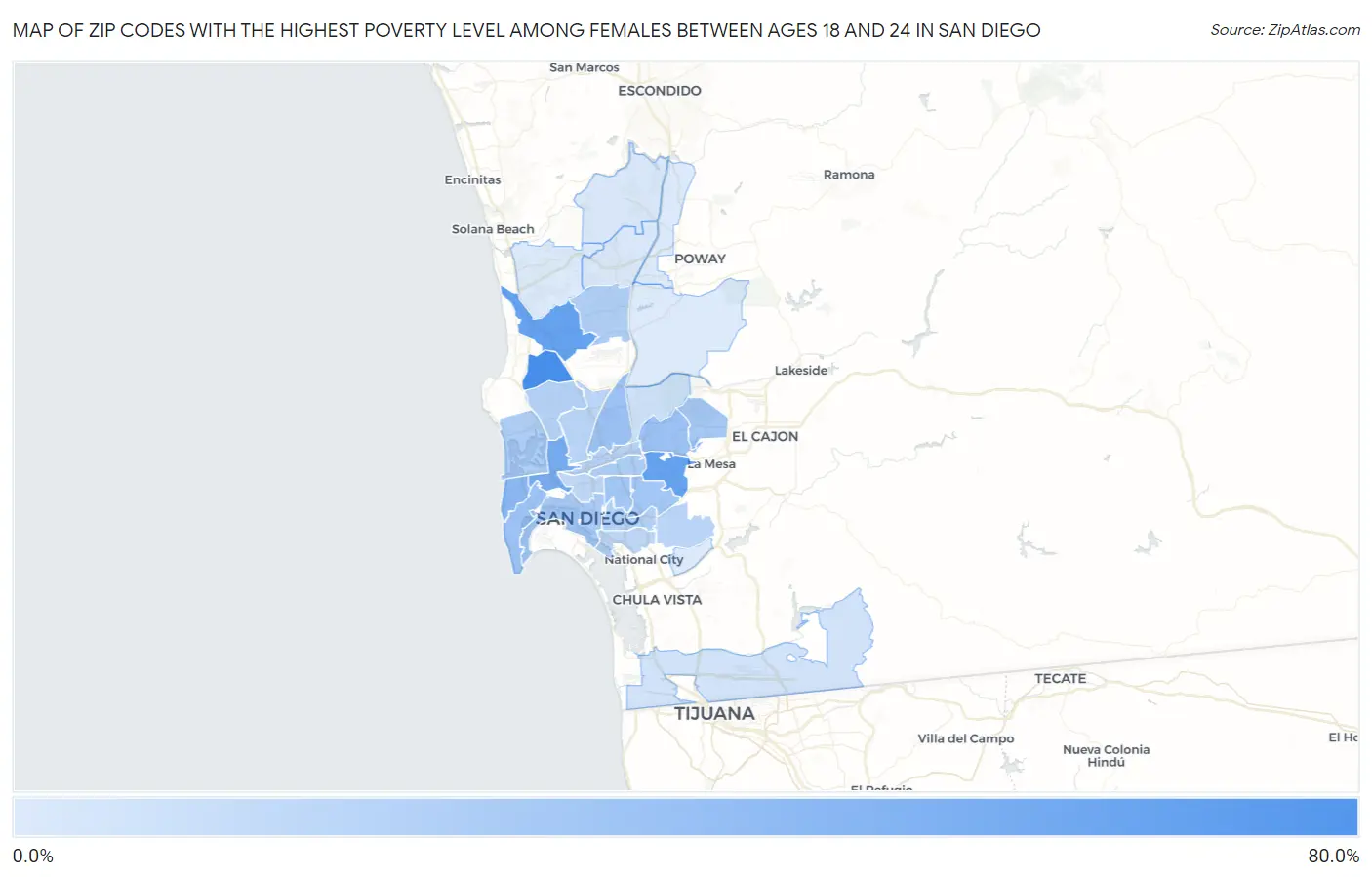 Zip Codes with the Highest Poverty Level Among Females Between Ages 18 and 24 in San Diego Map