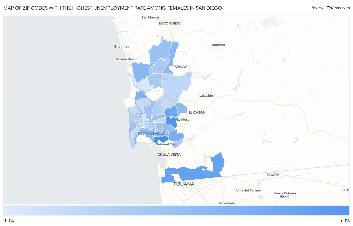 Zip Codes with the Highest Unemployment Rate Among Females in San Diego Map
