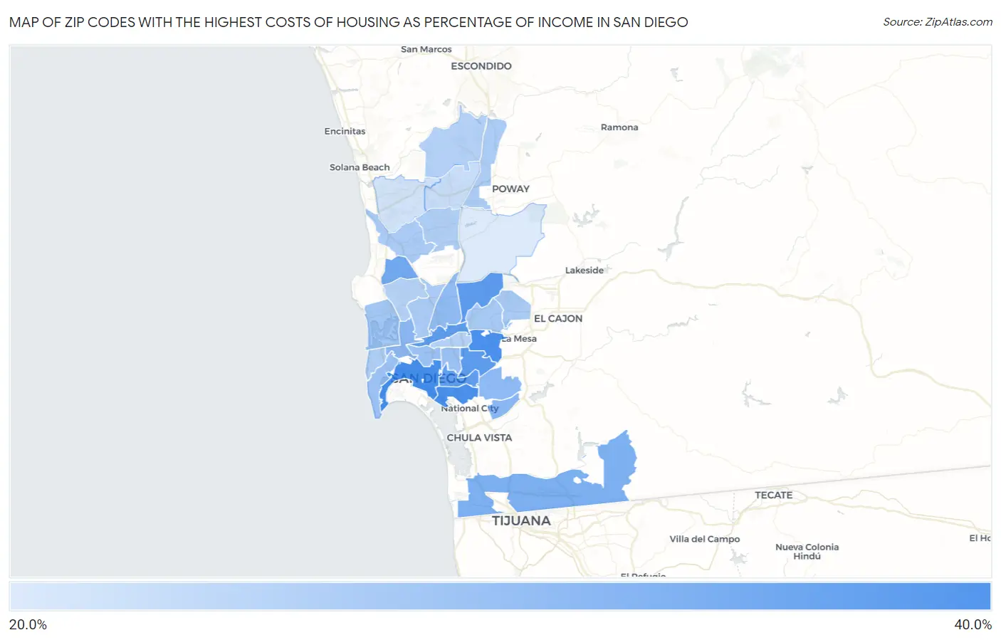Zip Codes with the Highest Costs of Housing as Percentage of Income in San Diego Map