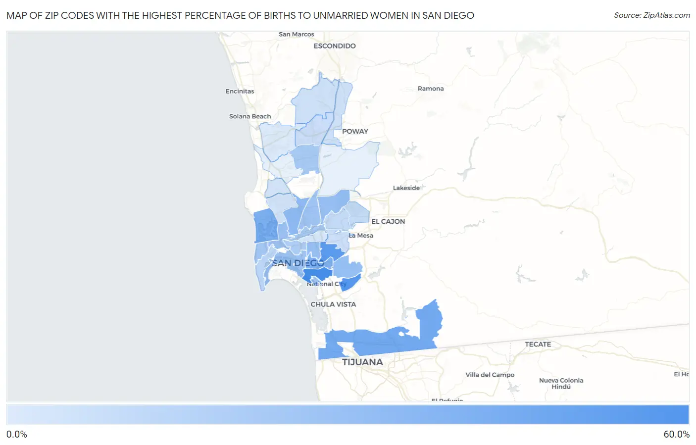 Zip Codes with the Highest Percentage of Births to Unmarried Women in San Diego Map