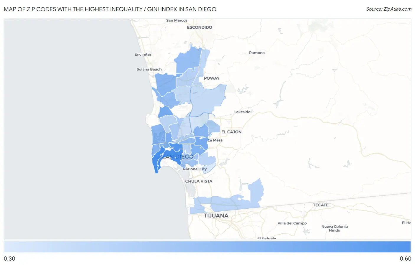 Zip Codes with the Highest Inequality / Gini Index in San Diego Map