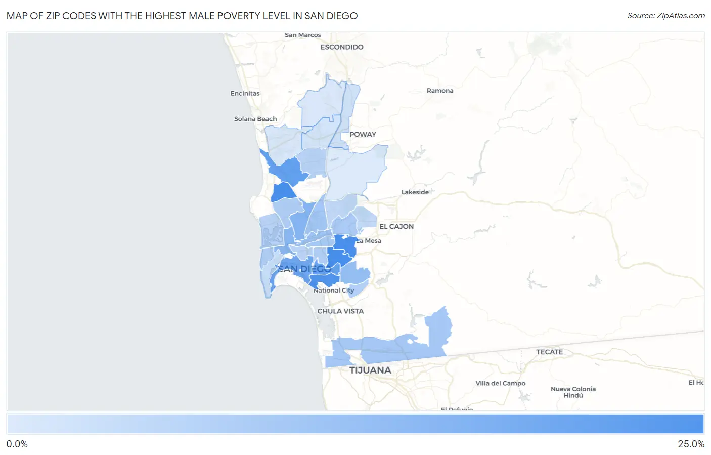 Zip Codes with the Highest Male Poverty Level in San Diego Map