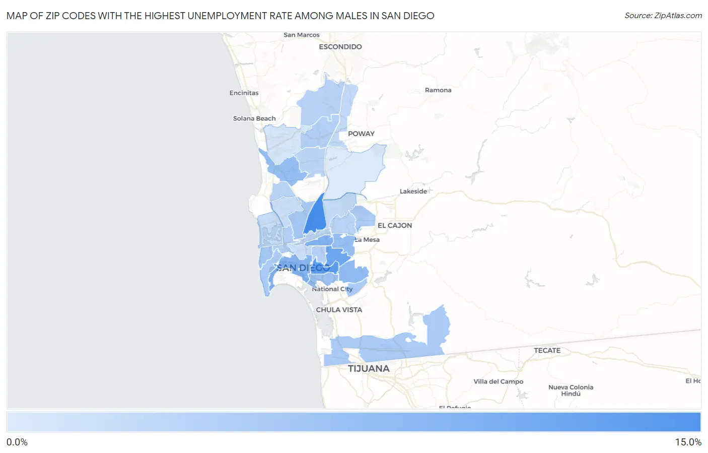 Zip Codes with the Highest Unemployment Rate Among Males in San Diego Map