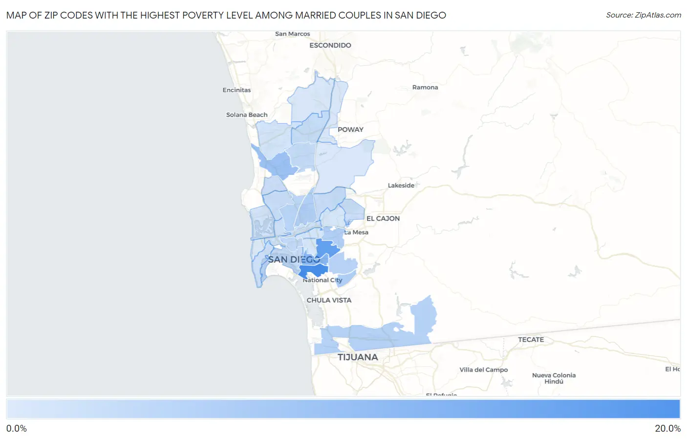 Zip Codes with the Highest Poverty Level Among Married Couples in San Diego Map