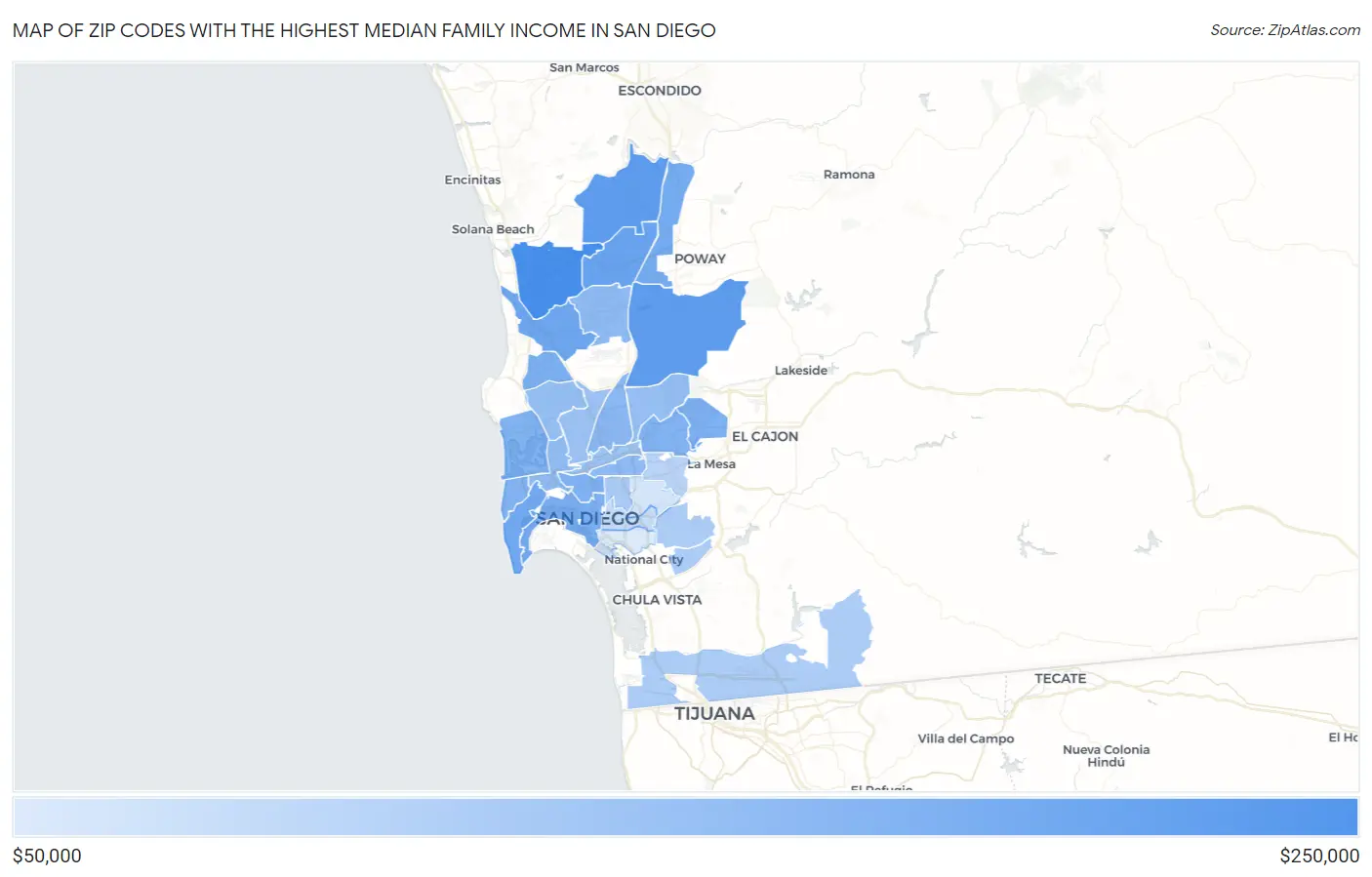 Zip Codes with the Highest Median Family Income in San Diego Map