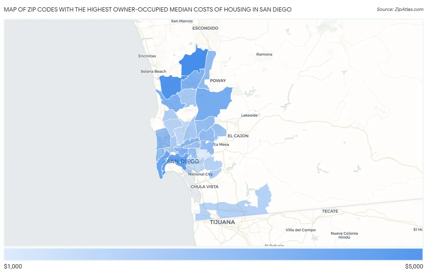 Zip Codes with the Highest Owner-Occupied Median Costs of Housing in San Diego Map