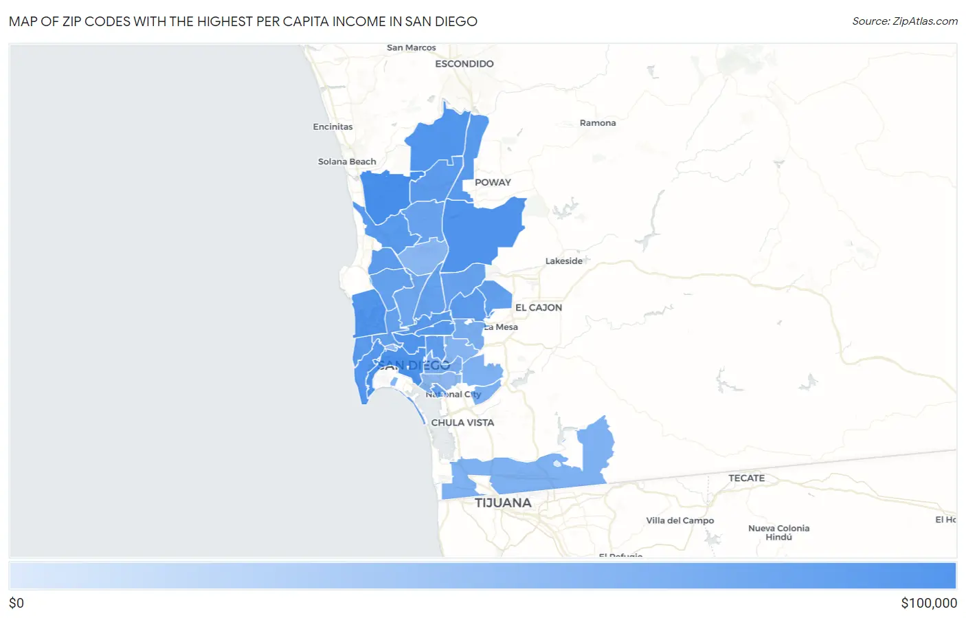 Zip Codes with the Highest Per Capita Income in San Diego Map
