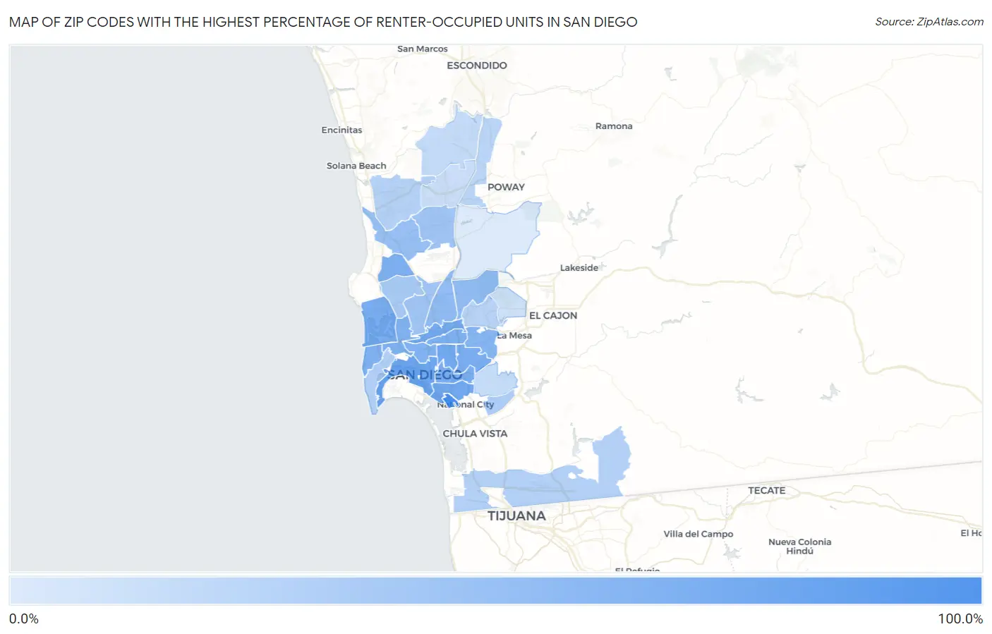 Zip Codes with the Highest Percentage of Renter-Occupied Units in San Diego Map