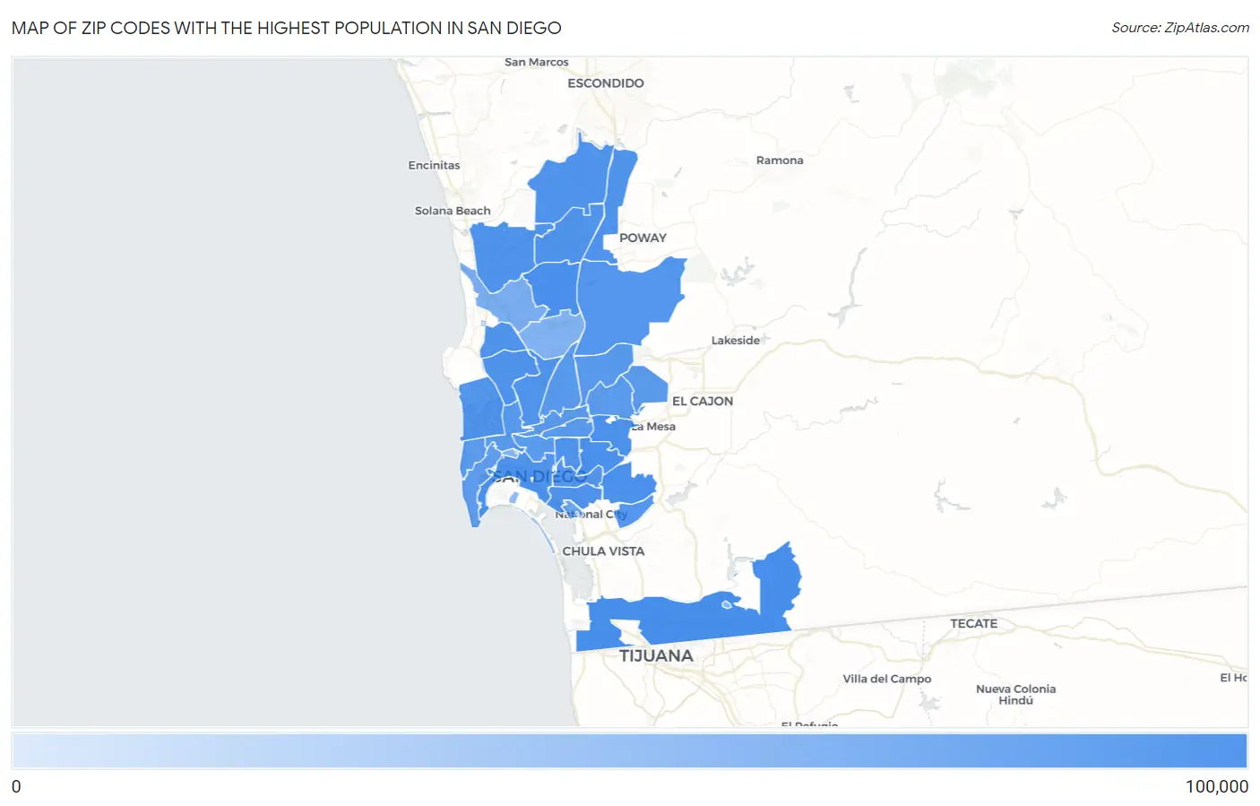 Zip Codes with the Highest Population in San Diego Map