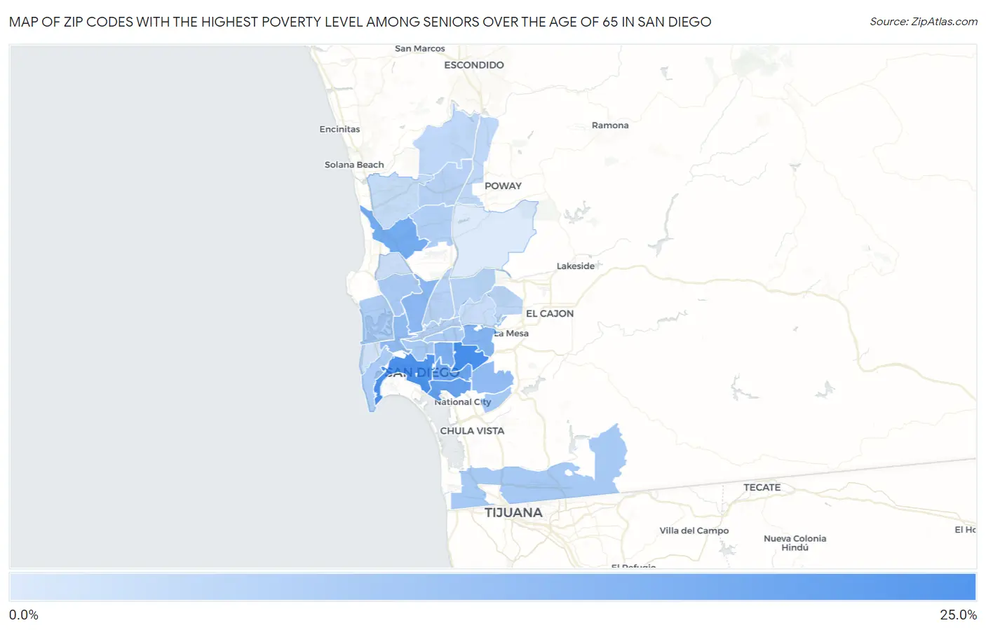 Zip Codes with the Highest Poverty Level Among Seniors Over the Age of 65 in San Diego Map