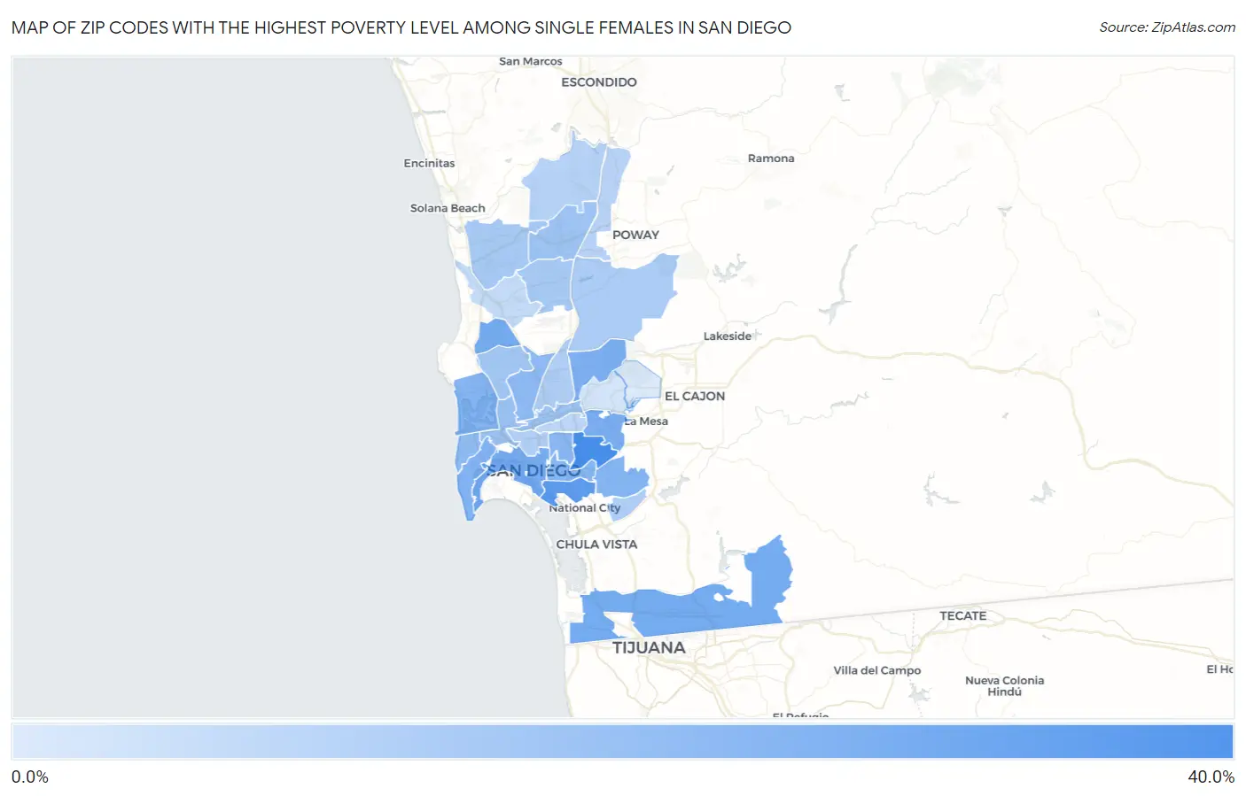 Zip Codes with the Highest Poverty Level Among Single Females in San Diego Map