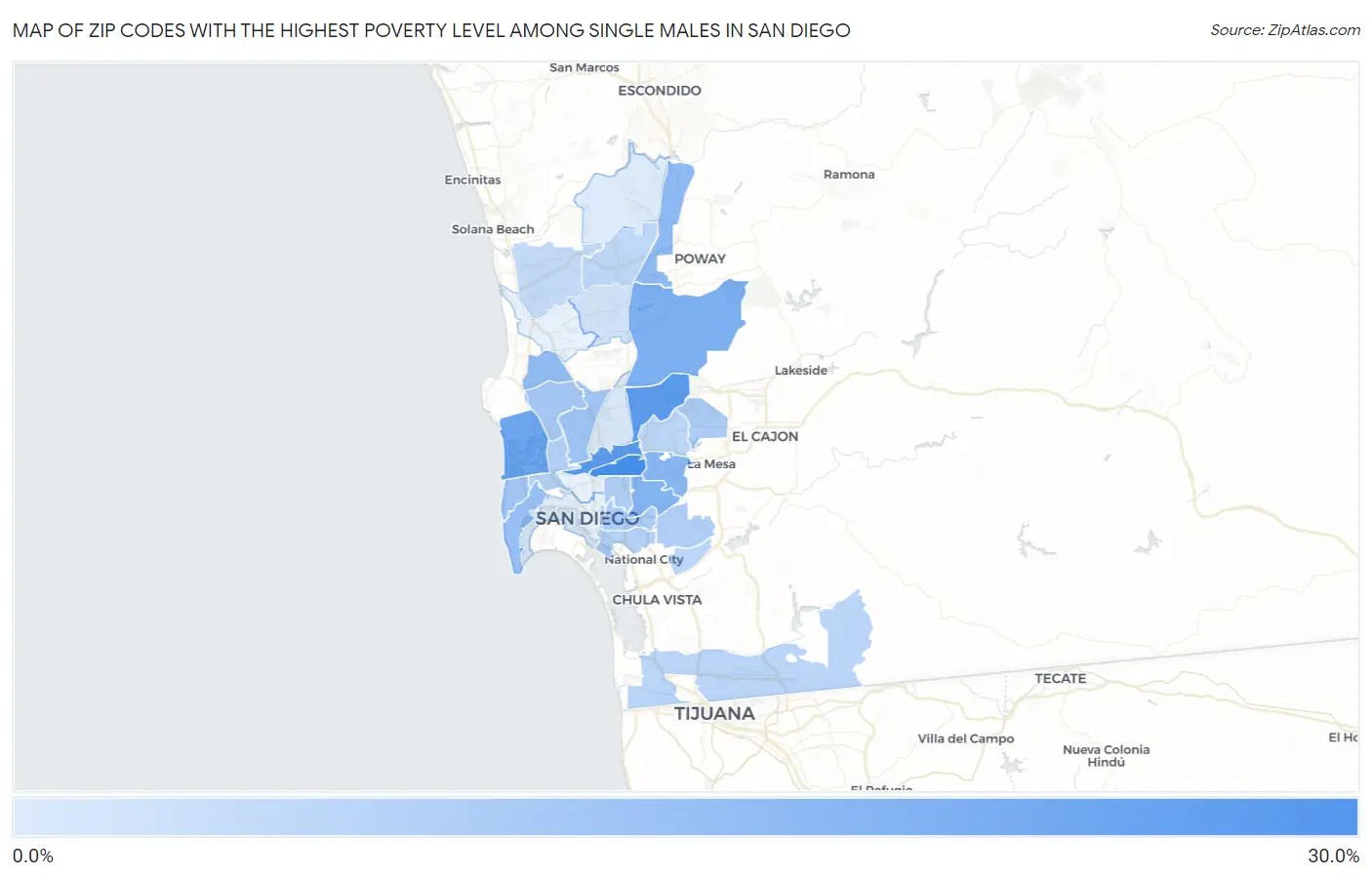 Zip Codes with the Highest Poverty Level Among Single Males in San Diego Map