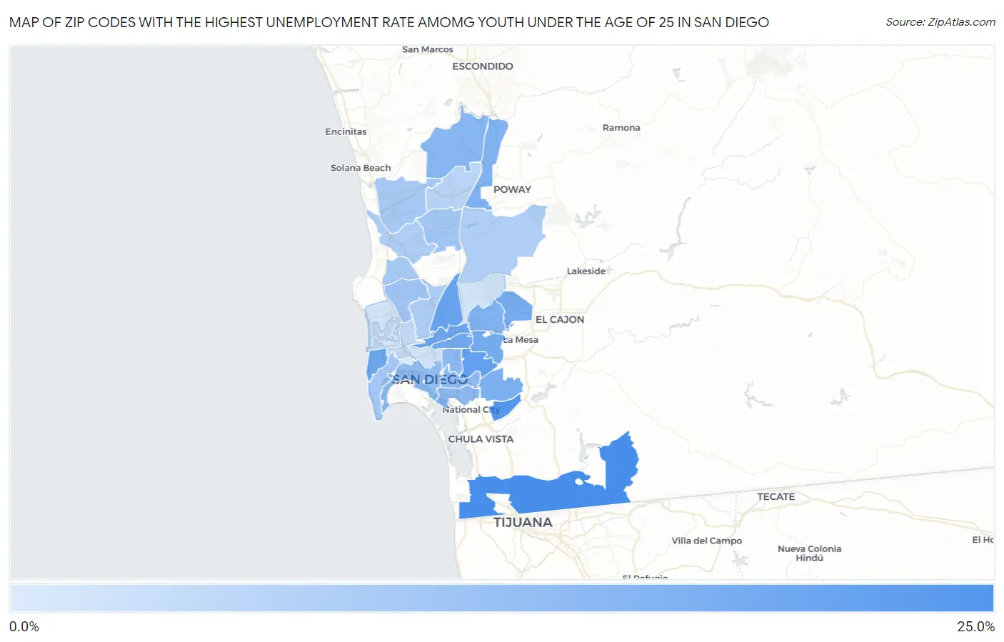Zip Codes with the Highest Unemployment Rate Amomg Youth Under the Age of 25 in San Diego Map