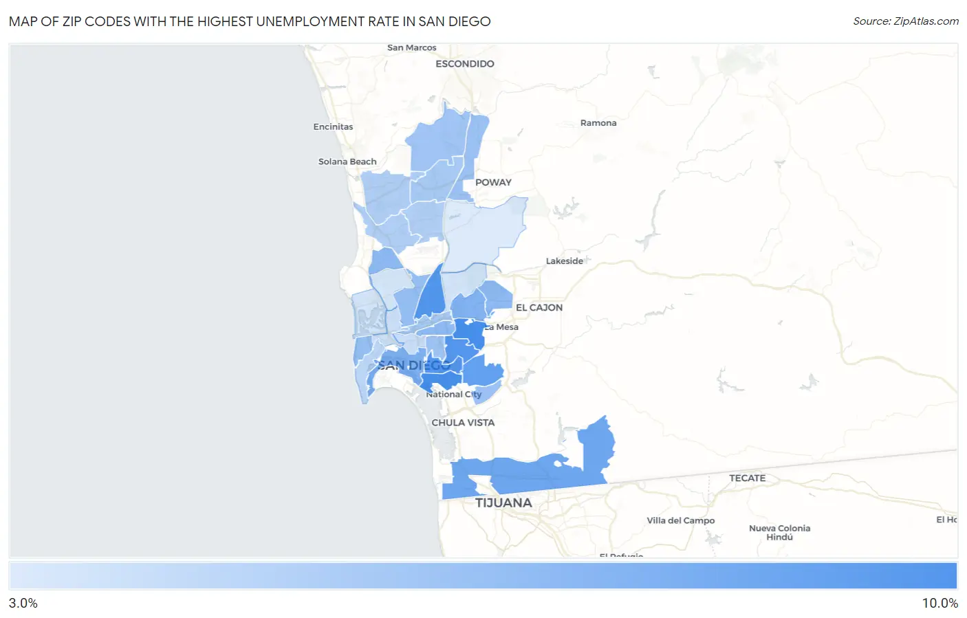 Zip Codes with the Highest Unemployment Rate in San Diego Map