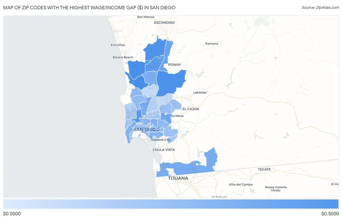Zip Codes with the Highest Wage/Income Gap ($) in San Diego Map