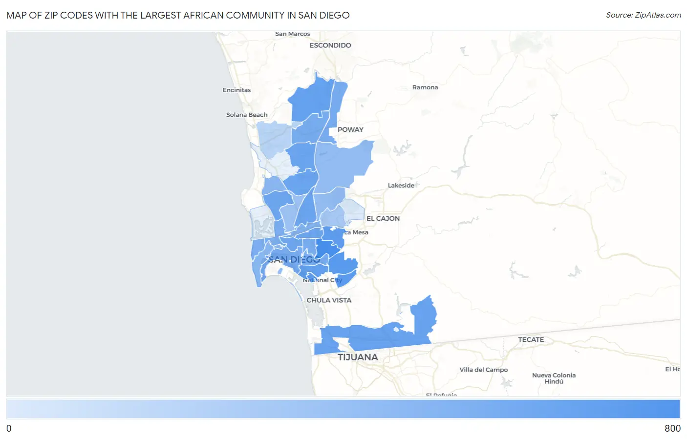 Zip Codes with the Largest African Community in San Diego Map