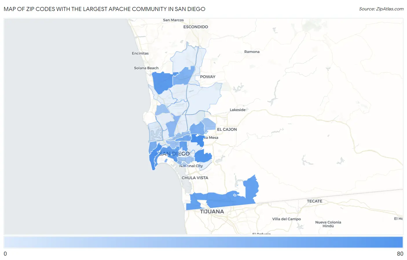 Zip Codes with the Largest Apache Community in San Diego Map