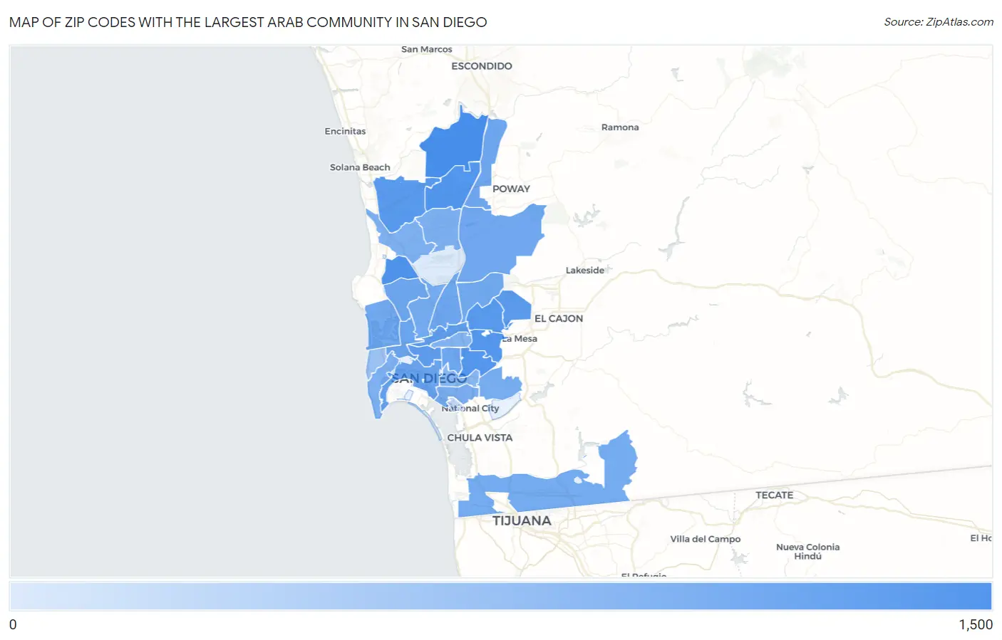 Zip Codes with the Largest Arab Community in San Diego Map
