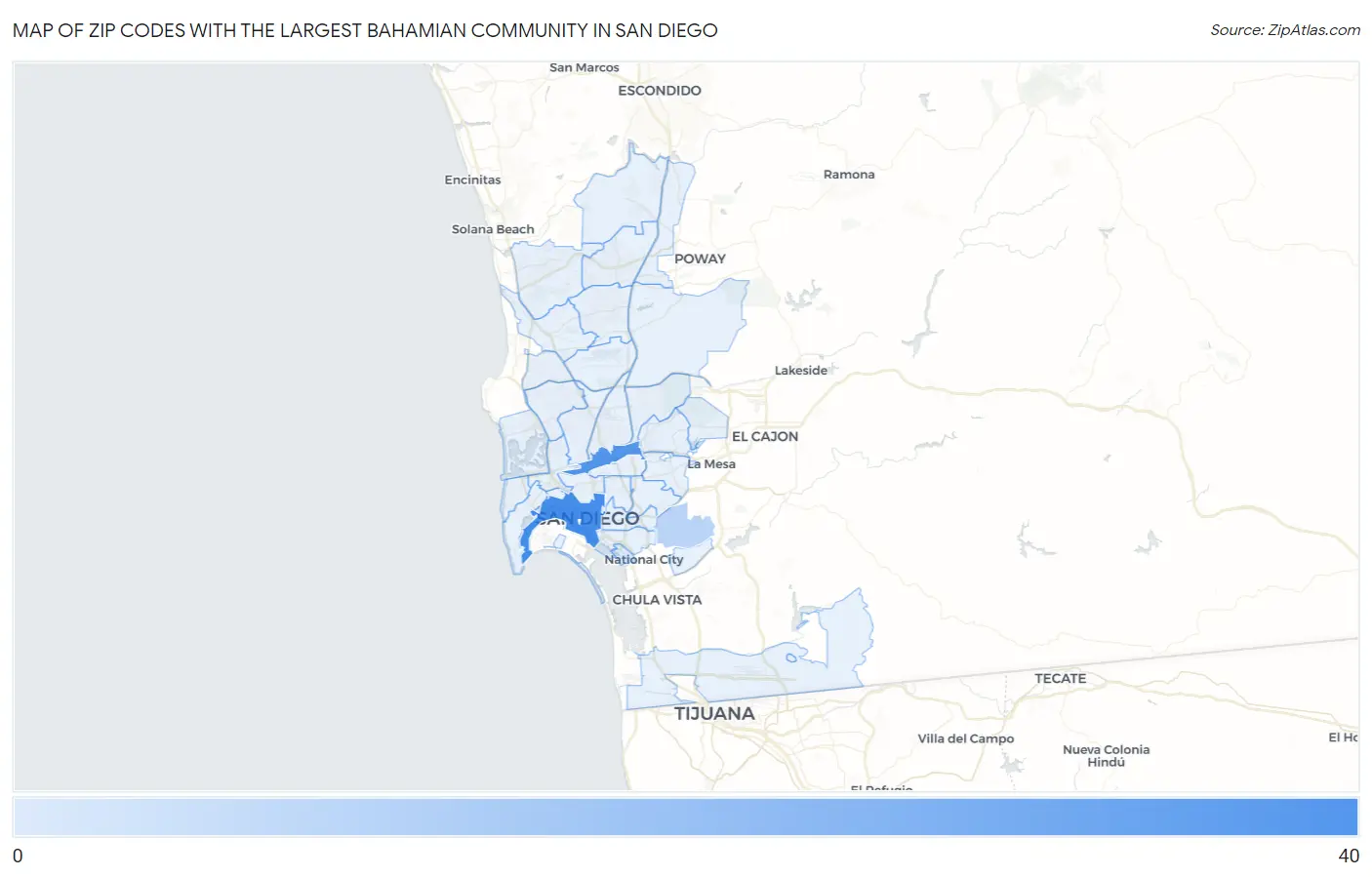 Zip Codes with the Largest Bahamian Community in San Diego Map